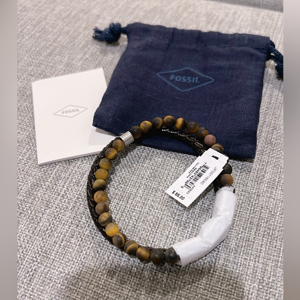 Fossil Men's Tiger's Eye and Brown Leather Link Bracelet - Picture 4 of 8